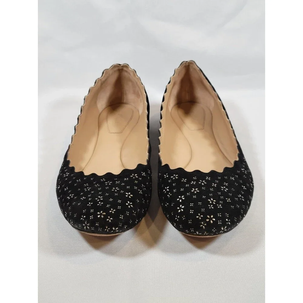 Chloe Lauren EUR 38.5 US 8 Black Suede Scalloped Ballet Flats Shoes Flower Studs